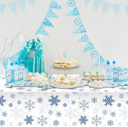 3 Pieces Snowflake Christmas Party Tablecloth Decorations,Plastic White Snowflake White Blue Xmas Backdrop Sign Table Cover Banner for Winter Christmas Holiday Party Supplies,54x108 inch（White/Blue）