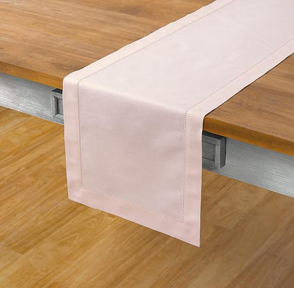 Solino Home Pink Table Runner 60 Inches - Cotton Linen Hemstitch Coffee Table Runner 14 x 60 Inch Ideal for Dresser Tables - Fall, Autumn, Halloween, Thanksgiving, Christmas