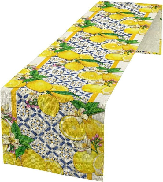 Lemon Table Runner,Spring Summer Seasonal Yellow Blue Table Runner for Kitchen Dining Table Home Party Decoration 13x108 Inch
