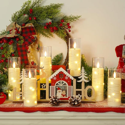 Homemory Flameless Candles with Embedded Star String Fairy Lights, Battery Operated Candles with Remote Control and Timer, Acrylic Flickering LED Candle for Fall Decor, Ivory, Set of 9, D2.2”xH5”6”7”