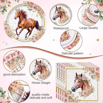 452 Pcs Horse Birthday Decorations for 50 Guests, Pink Floral Cowgirl Paper Plates Napkins Cups Tablecloth Cutlery Straws for Horse Themed Western Wedding Baby Shower Party Supplies