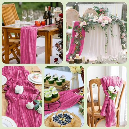 Asee'm 4pcs Cheesecloth Table Runner 120 Inches Long Deep Pink Boho Gauze Cheese Cloth Runner 10FT Rustic Sheer Table Runners for Christmas Wedding Party Baby Shower Spring Easter Decoration