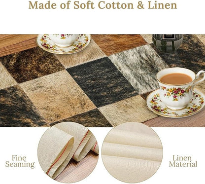 Rustic Cow Skin Patchwork Print Table Runner, Farmhouse Country Western Style Fur Table Cover for Dinning Home Party Holidays Home Setting, 13x90 Inch