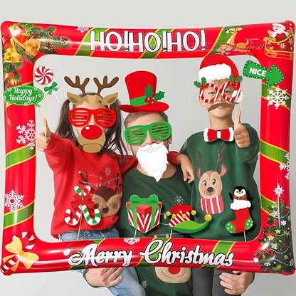 Christmas Photo Booth Props Inflatable Frame, 32Pcs Christmas Party Photo Booth Props with Inflatable Picture Frame Large for Xmas Holiday Party Selfie Supplies