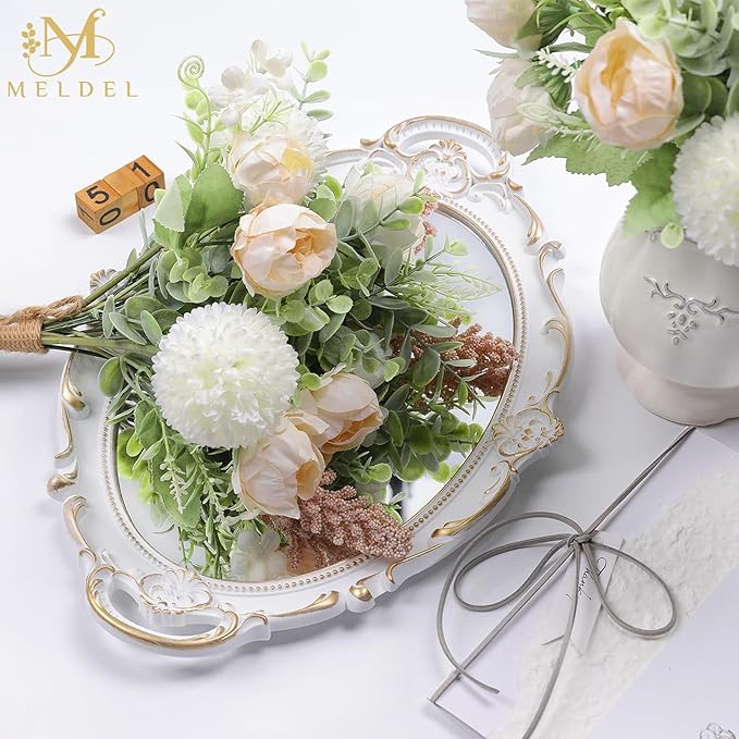 Meldel 3Pcs Rose Bouquet Light Champagne Artificial Flowers Peony Eucalyptus Plants Silk Flower Arrangements Wedding Bouquets Decorations Plastic Floral Centerpieces for Home Kitchen Party Decor