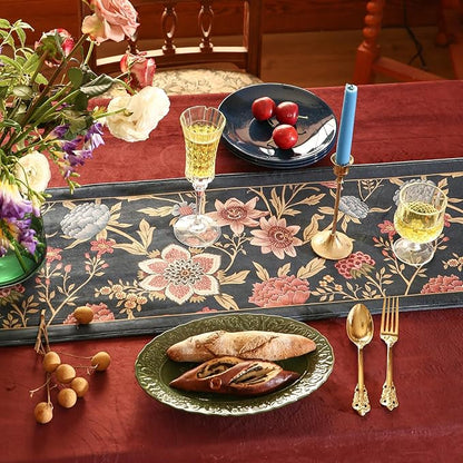 patdrea Designer Vintage Black Floral Extra Long Velvet Table Runner 118 Inch Long,Pink Khaki Bouquets Pattern Table Mat,Decor for Kitchen Dining Coffee Table Cabinet Banquet Thanksgiving,12"*118"