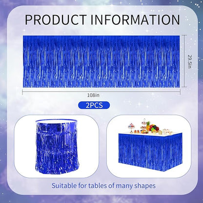 BEISHIDA 2 Pack Dark Blue Table Skirts with Metallic Tinsel Foil Fringe for Rectangle and Round Tables - Birthday & Holiday Party Decorations