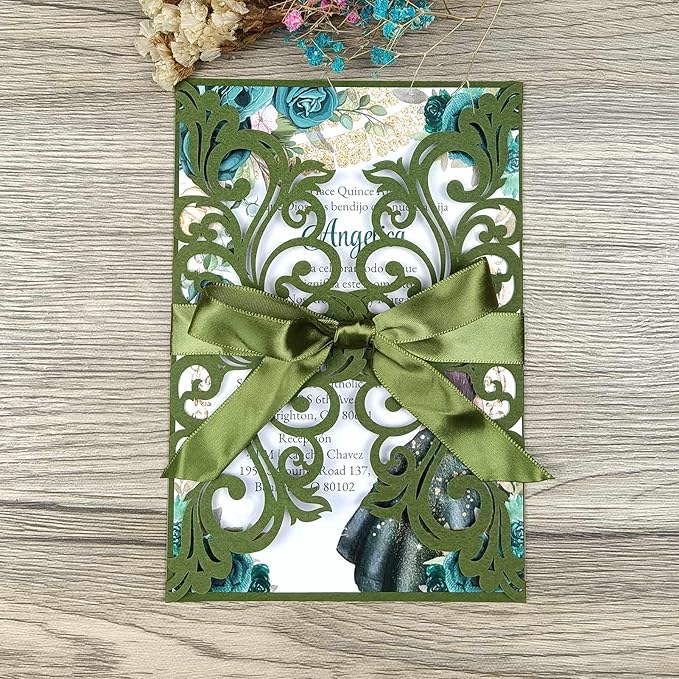 25PCS Olive Green Laser Cut Wedding Invitations Cards with Envelopes,Blank Inner Sheets,Ribbons for Wedding Bridal Shower Quinceañera Engagement Birthday Invites