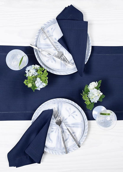 Solino Home Linen Navy Blue Table Runner 36 Inches - Classic Hemstitch, 100% Pure Linen Coffee Table Runner 14 x 36 Inch Ideal for Dresser Tables - Fall, Autumn, Halloween, Thanksgiving, Christmas