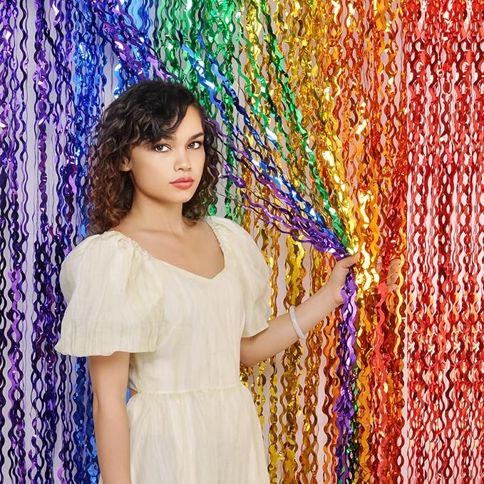 3 Pack Rainbow Foil Curtains - 3.3x6.6ft Metallic Streamers Tinsel Curtains Background for Photo Booth Birthday Weddings Carnivals Graduation