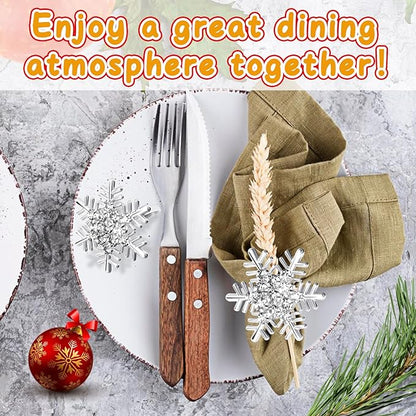 Halatool Christmas Napkin Rings Set of 8, Silver Snowflake with White Rhinestone Napkin Holder for Christmas Thanksgiving Winter Holiday Place Setting, Weddings, Party Table Decoration