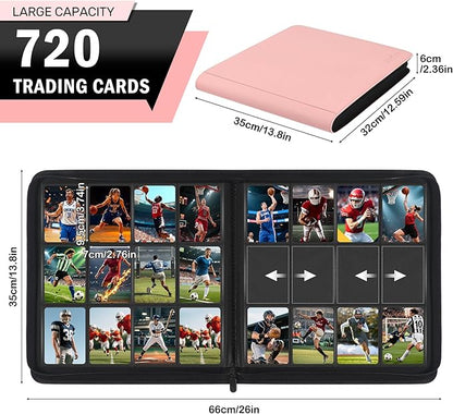 12 Pocket Card Binder, Zipper Trading Card Binder, 720 Large Capacity Side Loading Non-Ring Card Album, Double Sided Acid-Free Card Protector Binder, Card Collection for TCG, MTG, Sport Card, Pink