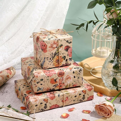 RUSPEPA Floral Wrapping Paper Bouquet for Women, 17 in x 16.4 ft, Mini Roll, Blooming with Bird and Butterfly Design, Kraft Wrapping Paper Roll for Spring, Birthday and Baby Shower