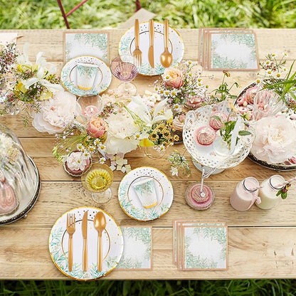 280 Pcs Greenery Plates and Napkins Party Supplies - Serves 35 People - Sage Green Gold Paper Plates Party Cups Forks Knives Spoons Straws Greenery Theme for Baby Showers, Bridal Showers, Tea Parties