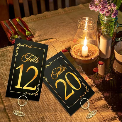 Wedding Table Numbers 1-40 and Head Table Card, Black Gold Cards with 41 Gold TableNumber Holders for Wedding Reception