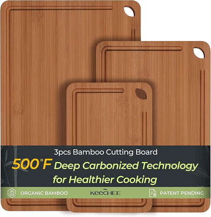 Bamboo Cutting Board, Durable Wood Cutting Boards for Kitchen with Deep Juice Grooves & Built-in Handles, Ideal Charcuterie & Chopping for Meat, Vegetables and Fruits Ideal Kitchen Gifts