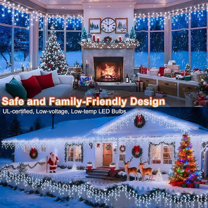 KNONEW Christmas Lights Outdoor Decorations 400 LED 33ft 8 Modes Curtain Fairy String Light with 75 Drops, Clear Wire LED String Light Decor for Wedding Party Holiday Christmas Decorations(Cool White)