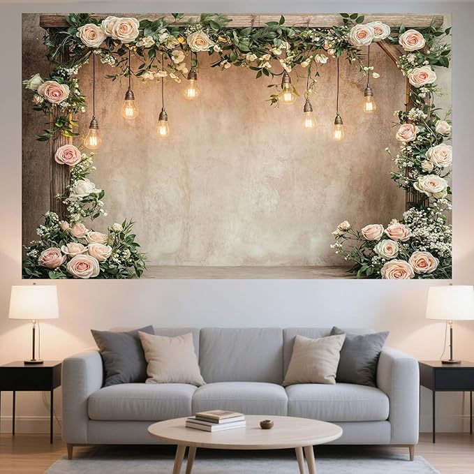 8x6ft Country Wedding Photography Backdrop Floral Rustic Roses Farmhouse Wooden Door Backdrop Pink Flower Birthday Baby Shower Wedding Bridal Party Banner Photo Booth Props Anniversary Background