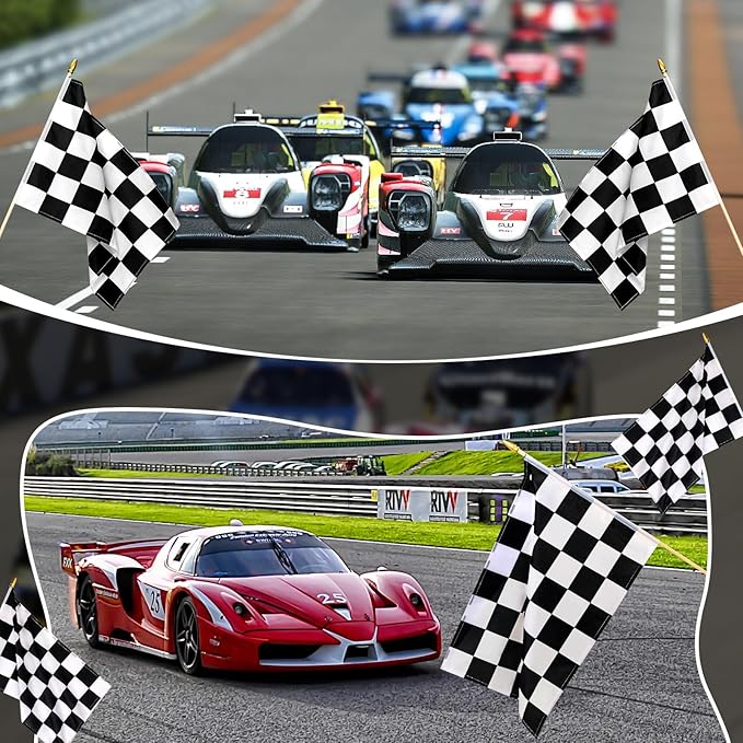 12 Pack Checkered Small Stick Flag 12x18 Inch Black and White Racing Hand Held Race Car Flags Decorations