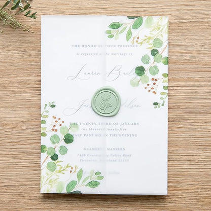 PONATIA 50 PCS Vellum Jackets for 5x7 Invitation Cards- 135GSM Green Eucalyptus Vellum Sleeves, Wedding Invitations Wraps Transparent Christmas Gift Cards Jackets