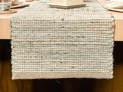 Chardin home Natural Jute Table Runner 13x90 Inch – Vintage Boho Rustic Table Decor – Handwoven Table Runner in Natural Jute and Sage Green-White – Farmhouse Dining or Console Table Accent
