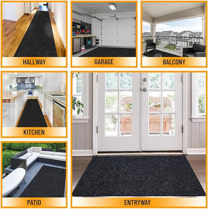 Ottomanson 2' x 14' Hallway Runner with Scraper Pile Extra Durable Non-Slip Rug Mat for Indoor & Outdoor Use - Ideal for Kitchen, Entryway, Patio & Garage - High-Traffic Carpet, Black