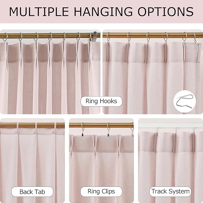 Vision Home Light Pink Pinch Pleated Semi Sheer Curtains Textured Linen Blended Light Filtering Window Curtains 72 inch for Living Room Bedroom Pinch Pleat Drapes with Hooks 2 Panels 40" Wx72 L