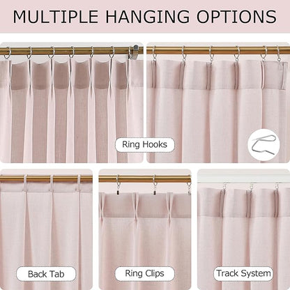 Vision Home Light Pink Pinch Pleated Semi Sheer Curtains Textured Linen Blended Light Filtering Window Curtains 112 inch for Living Room Bedroom Patio Pinch Pleat Drapes with Hooks 1 Panel 60"Wx112"L
