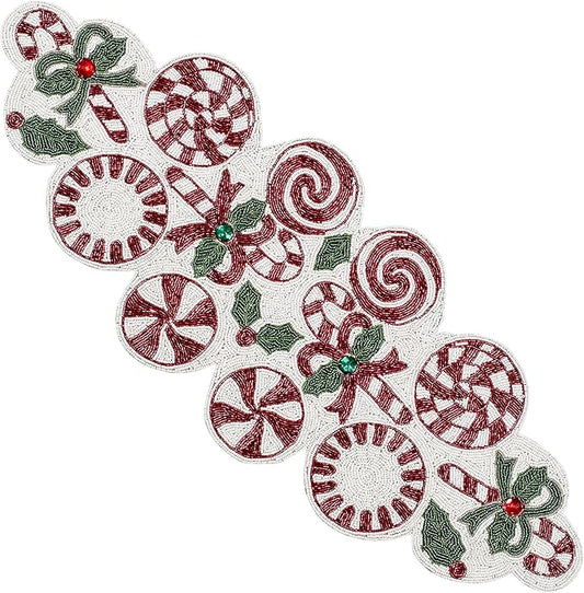 CLEENTABLE Handcrafted Beaded Table Runner – 36"x13" Art Deco Home Decor & Luxury Dinner Table Centerpiece in Vibrant Cherry Reddish with 85% Glass Beads, Durable Polyester Backing