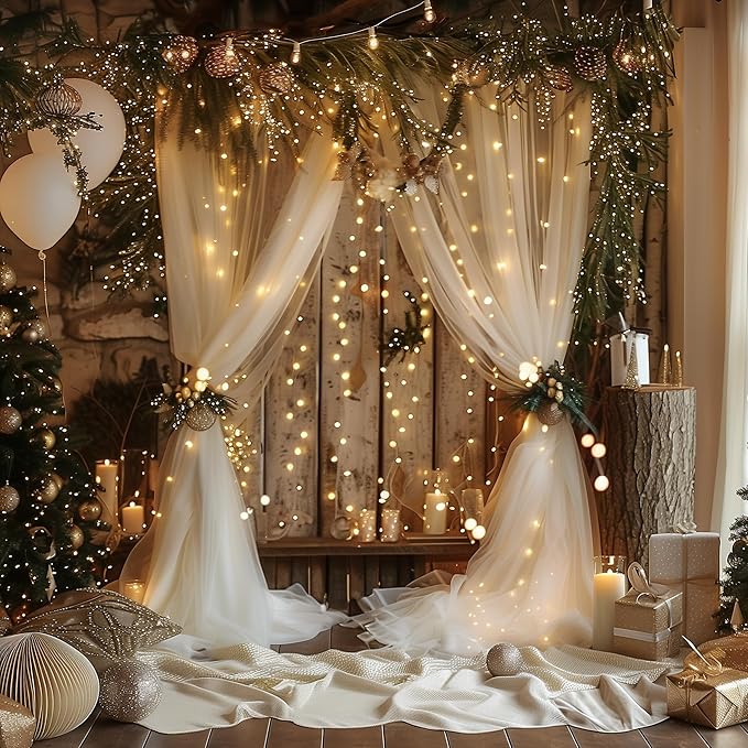 Fomcet Tulle Curtains with Lights String Champagne 20FT X 8FT Sheer Backdrop Curtains for Parties Wedding Baby Shower Photo Shoot Decorations (4 Panels 5 x 8FT)