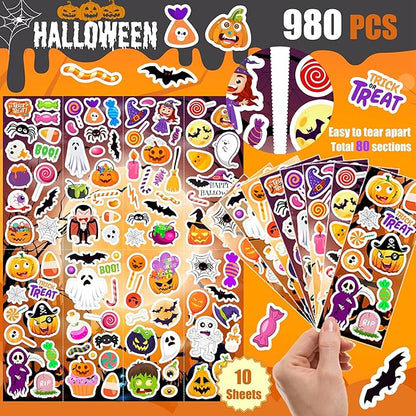 Halloween Stickers 980Pcs Assorted Halloween Stickers for Kids Halloween Party Favors, Classroom Crafts, Goodie Bags, Decorations, Trick or Treat Halloween Party Supplies