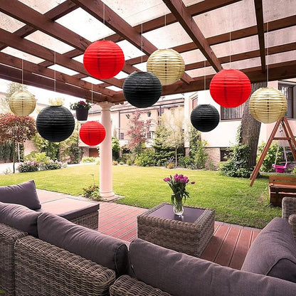 ADLKGG Paper Lanterns Decorations, Red Black Gold Hanging Round Paper Lanterns for Graduation, BBQ Party Supplies, Mickey Mouse Themed Birthday, Pirate Theme Casino Poker Party Decor Set of 21
