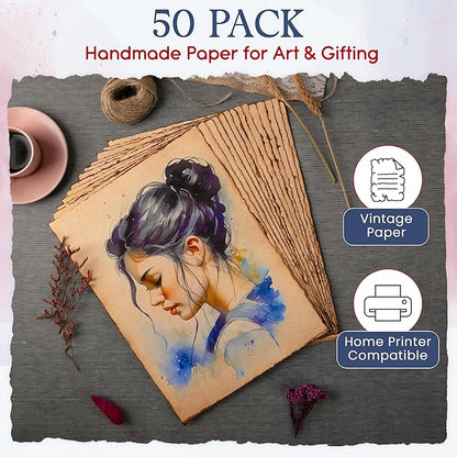 Wanderings Handmade Deckled Edge Vintage Paper - 10"x12" - Thick 300 GSM - Pack of 25 - Watercolor, Mixed Media for Artists, Writers, Bookmaking, Arts & Crafts - 100% Recycled Cotton
