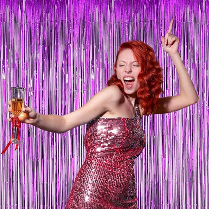 4 Pack Purple Foil Fringe Backdrop Curtains, Tinsel Streamers Birthday Party Decorations, Fringe Backdrop for Graduation, Baby Shower, Gender Reveal, Disco Party