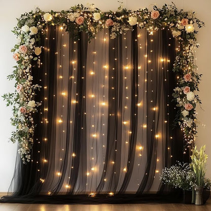 Tulle Backdrop Curtain with Lights String 10FT X 8FT Black Sheer Tulle Backdrop Curtains for Wedding Birthday Party Reception Photo Booth Background Decorations (2 Panels 5x8FT)