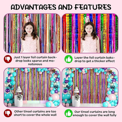 4 Pack 3.3x8.2 Feet Rainbow Foil Fringe Backdrop Curtains, Tinsel Streamers Birthday Party Decorations, Fringe Backdrop for Graduation, Baby Shower, Gender Reveal, Disco Party
