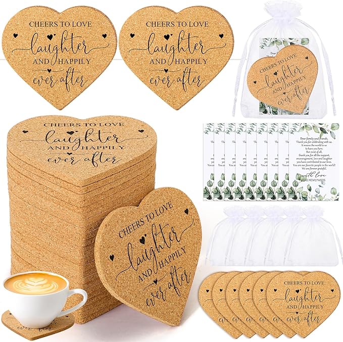 Uiifan 25 Set Wedding Favors for Guest Coaster Gifts Bulk Heart Shaped Coasters Thank You Cards Organza Bags Guest Souvenirs for Wedding Party Bridal Favors