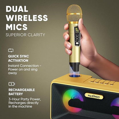 MASINGO Karaoke Machine for Adults and Kids with 2 Wireless Microphones, Portable Bluetooth Singing Speaker, Colorful LED Lights, PA System, Lyrics Display Phone Holder, and TV Cable. Presto G2 Gold