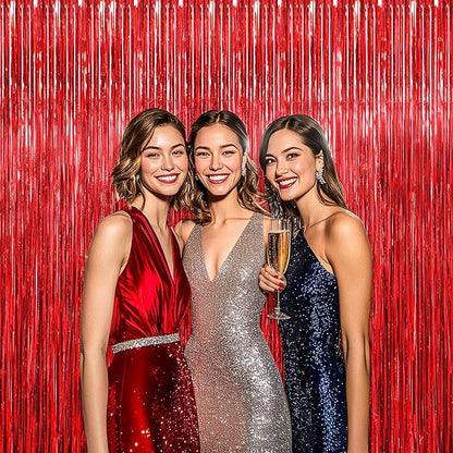 BTSD-home Red Foil Fringe Curtain, Metallic Photo Booth Backdrop Tinsel Door Curtains for Wedding Birthday Bridal Shower Baby Shower Bachelorette Christmas Party Decorations(4 Pack, 8ft x 3ft)