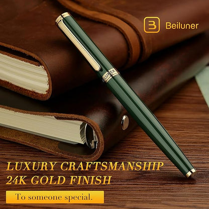 BEILUNER Racing Green Fountain Pen,Stunning Luxury Pens with 24K Gold Finish, Gorgeous 24K Gilded Nib(Fine), Trustworthy Gift for Men&Women -Ink Converter-Elegant, Graduation,Fancy Pen for Writing