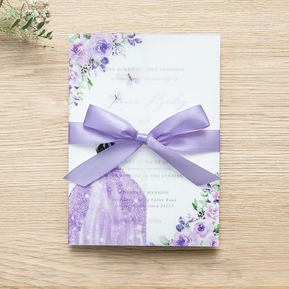 PONATIA 50 PCS Vellum Jackets for 5x7 Invitations - Vellum Paper 5x7 Jackets - 135GSM Purple Girl Flowers Quinceanera Invitation Transparent Wraps (Purple Girl)