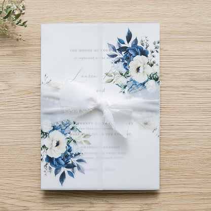 PONATIA 50PCS Vellum Jackets for 5x7 Invitation Cards- 135GSM Dusty Blue Flowers Vellum Sleeves, Wedding Invitations Wraps - Transparent Christmas Gift Cards Jackets