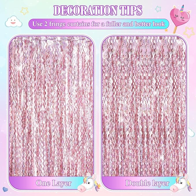 Jutom 6 Pieces 3.3 x 6.6 ft Wavy Tinsel Foil Fringe Curtains Foil Fringe Streamer Backdrop Party Curtain for Sea Mermaid Baby Shower Birthday Party Decoration(Purple, Pink, Blue Green)
