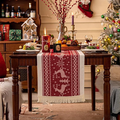 Table Runners 72 Inches,Elk Table Runner with Tassel Fringe,Christmas Table Runner for Party，Coffee Table, Festival