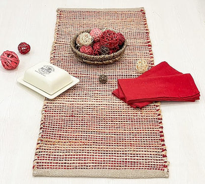 Chardin home Natural Jute Table Runner 13x48 Inch – Vintage Boho Rustic Table Decor – Handwoven Table Runner in Natural Jute and Red – Farmhouse Dining or Console Table Accent