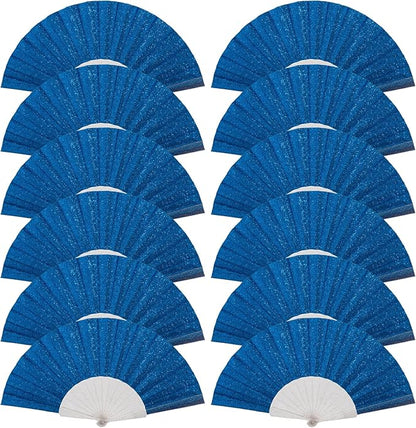 12 Pack Handheld Fan,Folding Hand Glitter fan with Shining Transparent Fan Rib – Ideal for Wedding, Church, Festival, Dance, Tea Party, Club, and EDM Accessories, Royal blue