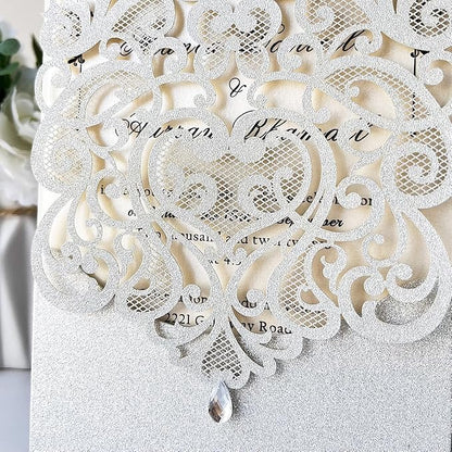 Hosmsua 5.1 x 7.3 Inch 50PCS Silver Glitter Wedding Invitation Cards with Rhinestone Laser Cut Hollow Flora Quinceanera Invitation with Envelopes for Bridal Shower Wedding Invite (Silver Glitter)