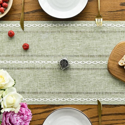 Artoid Mode Sage Green Rustic Cotton Linen Table Runner, Seasonal Embroidered Hollow Kitchen Dining Table Decoration for Home Party Decor 13x36 Inch