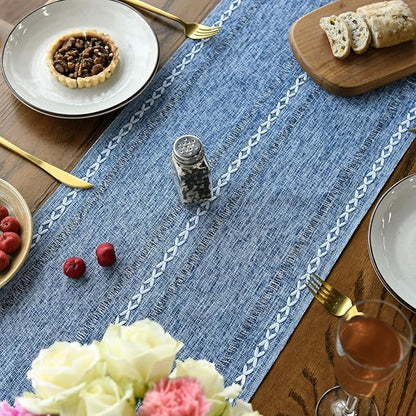 Artoid Mode Blue Rustic Cotton Linen Table Runner, Seasonal Embroidered Hollow Kitchen Dining Table Decoration for Home Party Decor 13x36 Inch