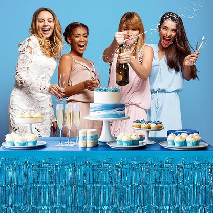 8 Pack Lake Blue Table Skirts, 29x108" Metallic Foil Tinsel Fringe Table Skirts for Rectangle Tables Streamer Curtains Backdrop, Party Decorations for Birthdays Weddings Holidays